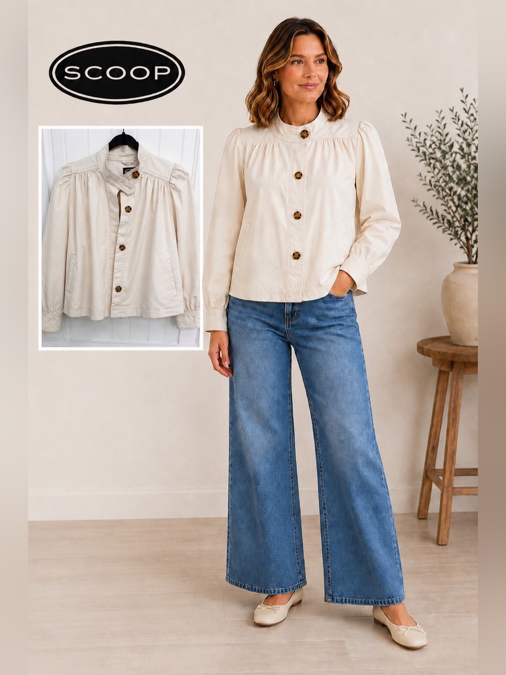 Scoop Button Front Swing Jacket/Top-Cream